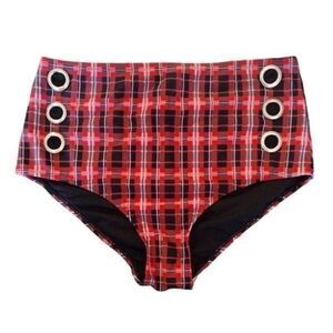 Y2K Body Rage Red Black Plaid High Waist Bikini Swim Bottoms Small
